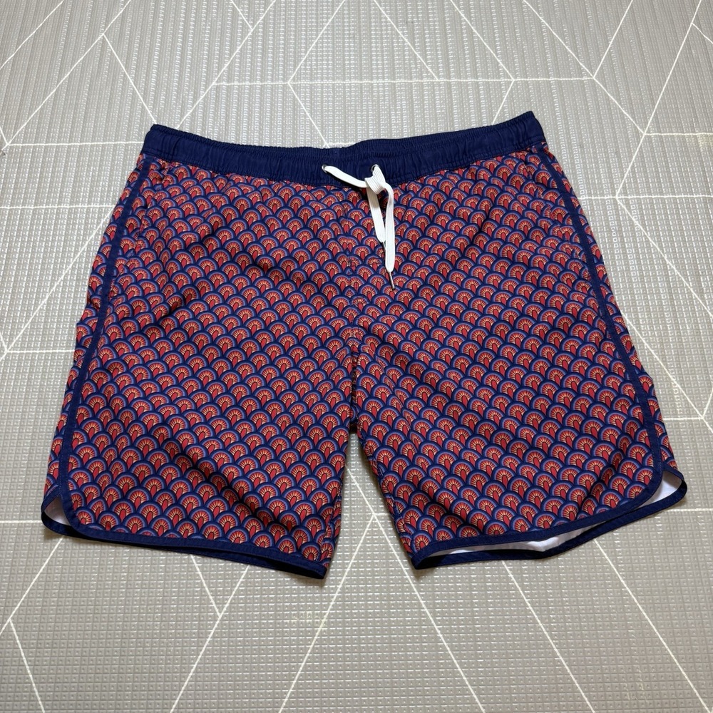 Fair Harbor Board Swim Short Trunks M Red & Blue Geometric Art Deco Pattern
